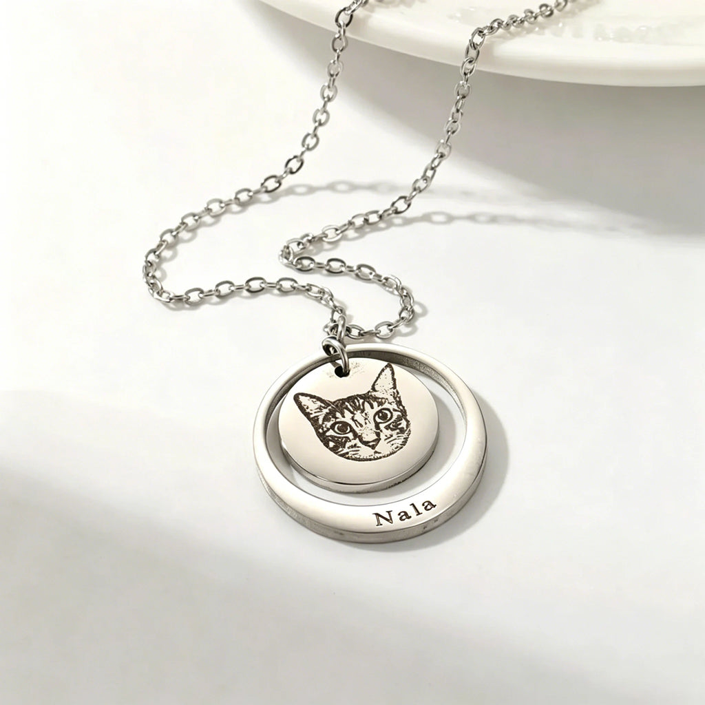 Hot Sale Custom Pet Portrait Line Necklace Personalized Stainless Steel Laser Engraved Name Pendant Gift for Pet Lovers Memorial