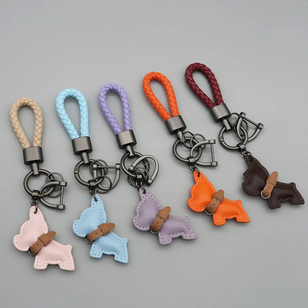 Cartoon Cute Dog Custom Name Number Car Keychain Laser Personalized Logo Leather Key Chain Ring Puppy Pendant Braid Rope Keyring