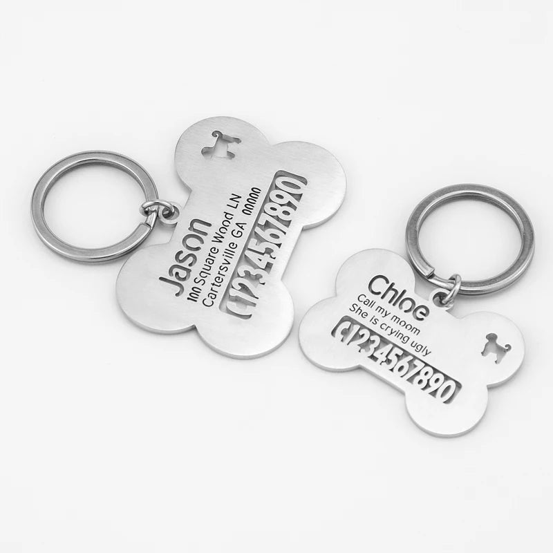 Auxauxme Custom Pet Collar Tag Bone Keychain Stainless Steel Personalized Names Phone Number Anti-lost Keyring Puppy Accessories