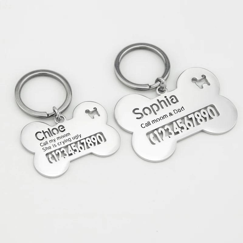 Auxauxme Custom Pet Collar Tag Bone Keychain Stainless Steel Personalized Names Phone Number Anti-lost Keyring Puppy Accessories