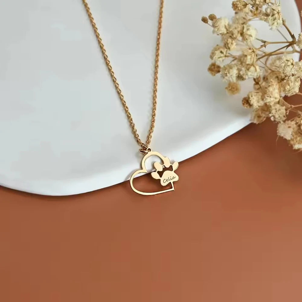 Sipuris  Dog Paw Heart Custom Engrave Name Necklace For Women Stainless Steel Hip Hop Pet Pendant Jewelry Gifts For Pet Lovers