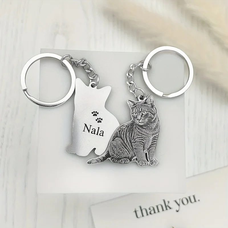 Pet Memorial Keychain Custom Photo Laser Engraved Stainless Steel Dog Cat Silhouette Personalized Remembrance Gift for Pet Lovers