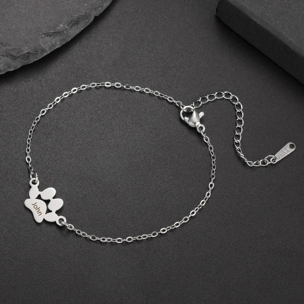 Sipuris Dog Paw Custom Engrave Name Bracelet For Women Men Stainless Steel Hip Hop Jewelry Valentine's Day Gifts For Pet Lovers