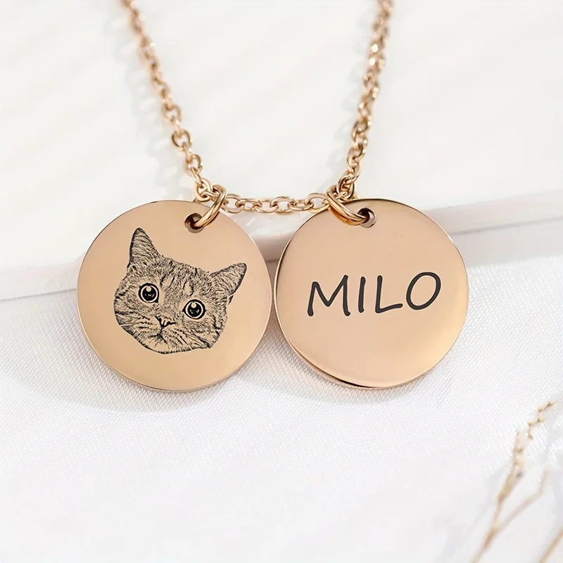 Custom Stainless Steel Pet Portrait Round Pendant Necklace Engraved with Pet's Name - Perfect Jewelry Gift for Pet Lovers,