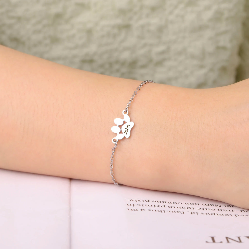 Sipuris Dog Paw Custom Engrave Name Bracelet For Women Men Stainless Steel Hip Hop Jewelry Valentine's Day Gifts For Pet Lovers
