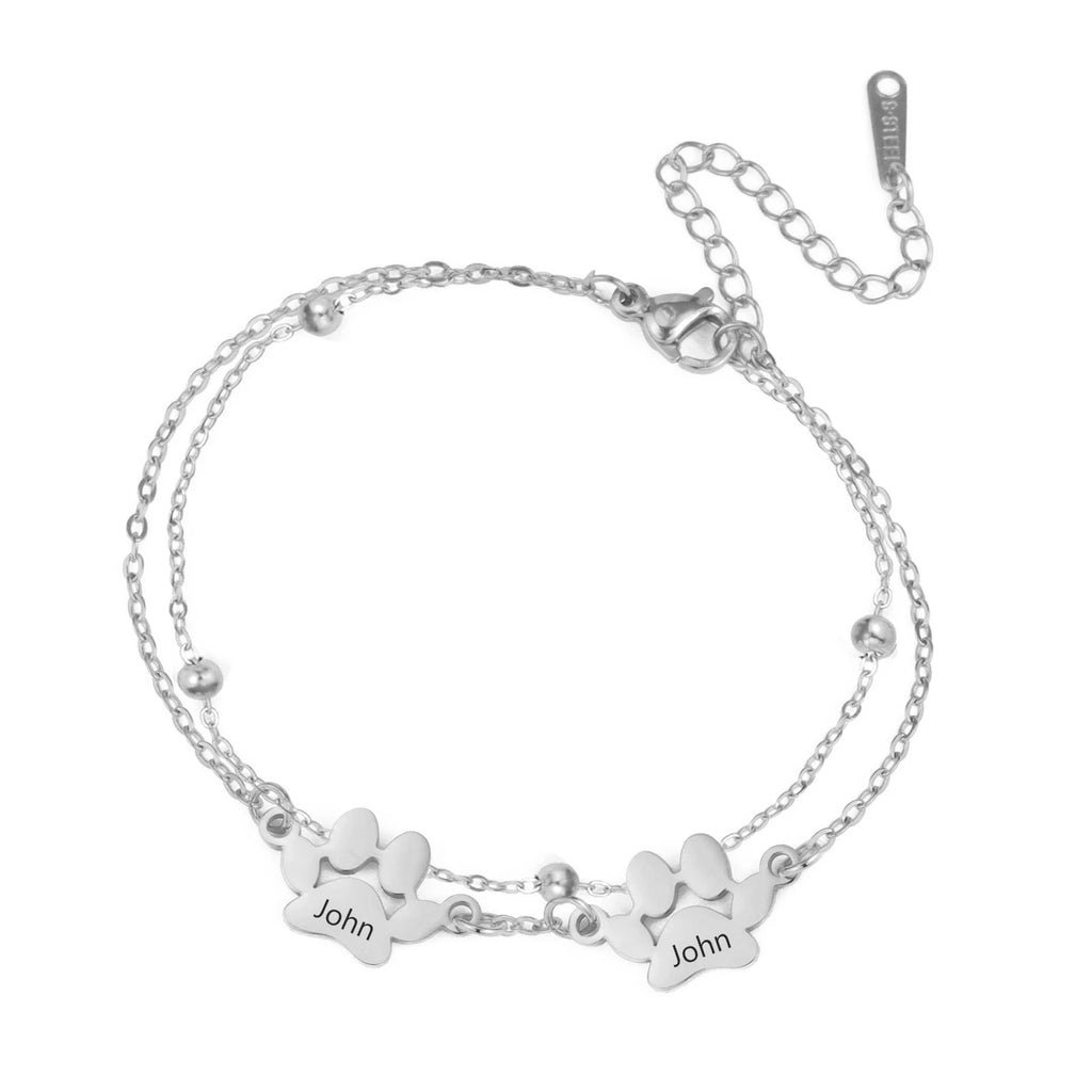 Dog Bear Paw Name Personalized Bracelet Custom Mother Couple Sister Family Gift For Women Men Bangle Stainless Steel Jewelry
