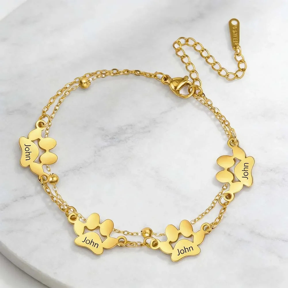 Dog Bear Paw Name Personalized Bracelet Custom Mother Couple Sister Family Gift For Women Men Bangle Stainless Steel Jewelry