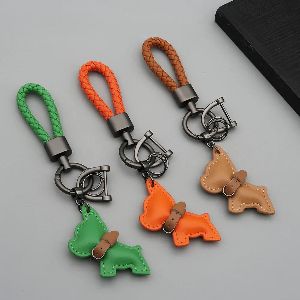 Cartoon Cute Dog Custom Name Number Car Keychain Laser Personalized Logo Leather Key Chain Ring Puppy Pendant Braid Rope Keyring