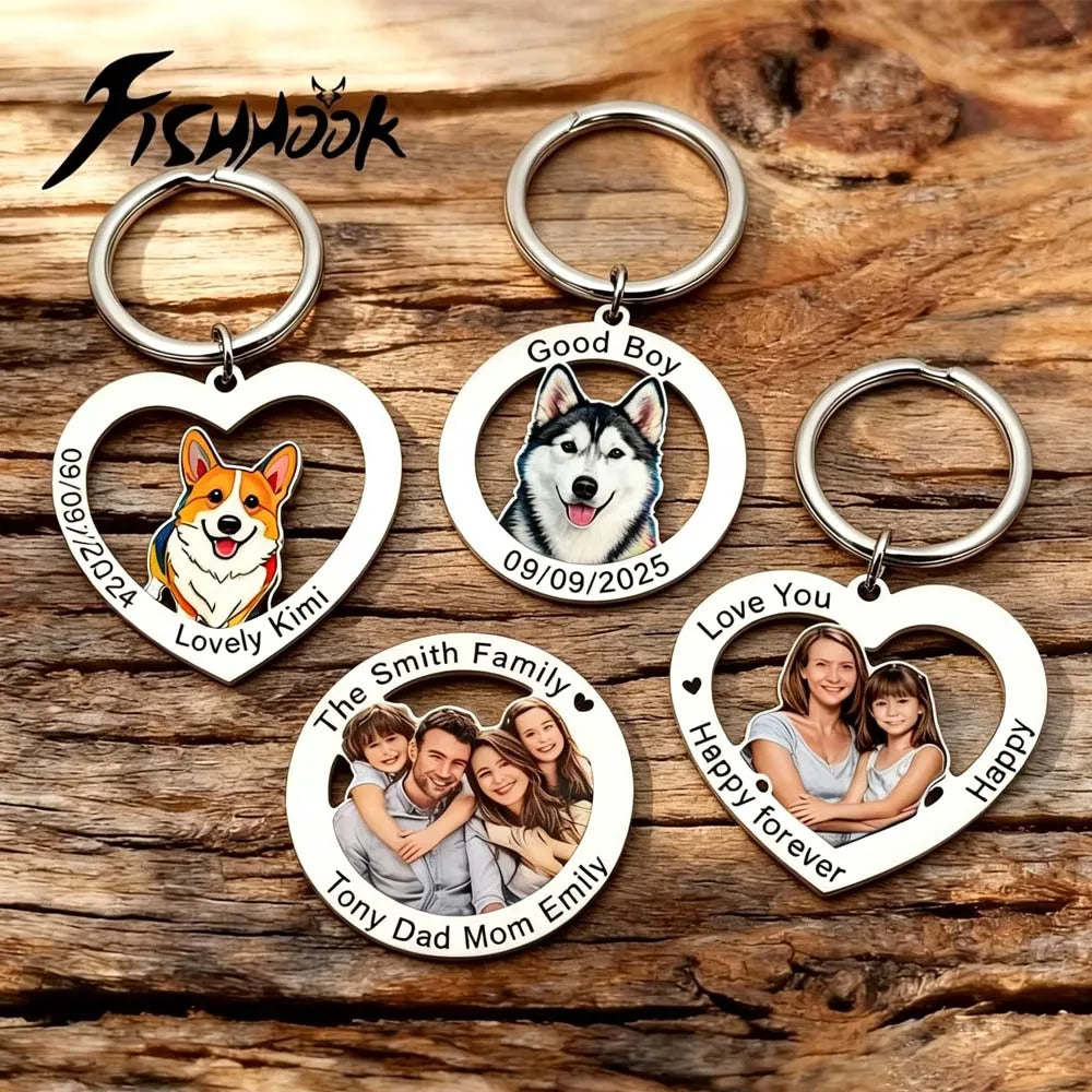 Family Couple Dog Cat Pet Print Photo Keychain Personalized Custom Valentine Gift For Women Men Steel Memorial Souvenir Key Ring