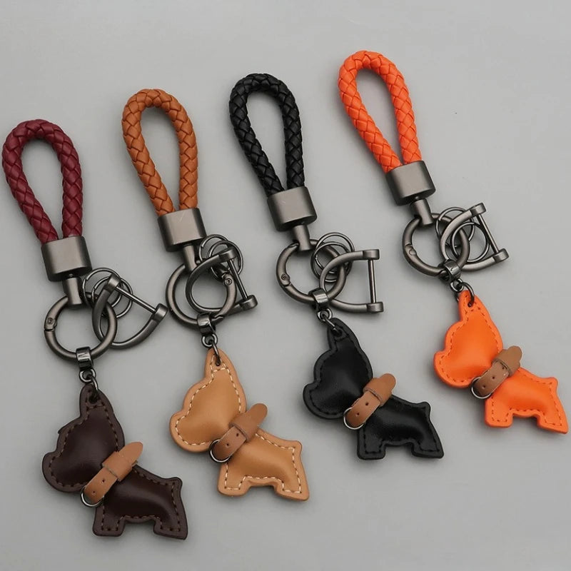 Cartoon Cute Dog Custom Name Number Car Keychain Laser Personalized Logo Leather Key Chain Ring Puppy Pendant Braid Rope Keyring