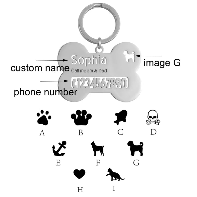 Auxauxme Custom Pet Collar Tag Bone Keychain Stainless Steel Personalized Names Phone Number Anti-lost Keyring Puppy Accessories