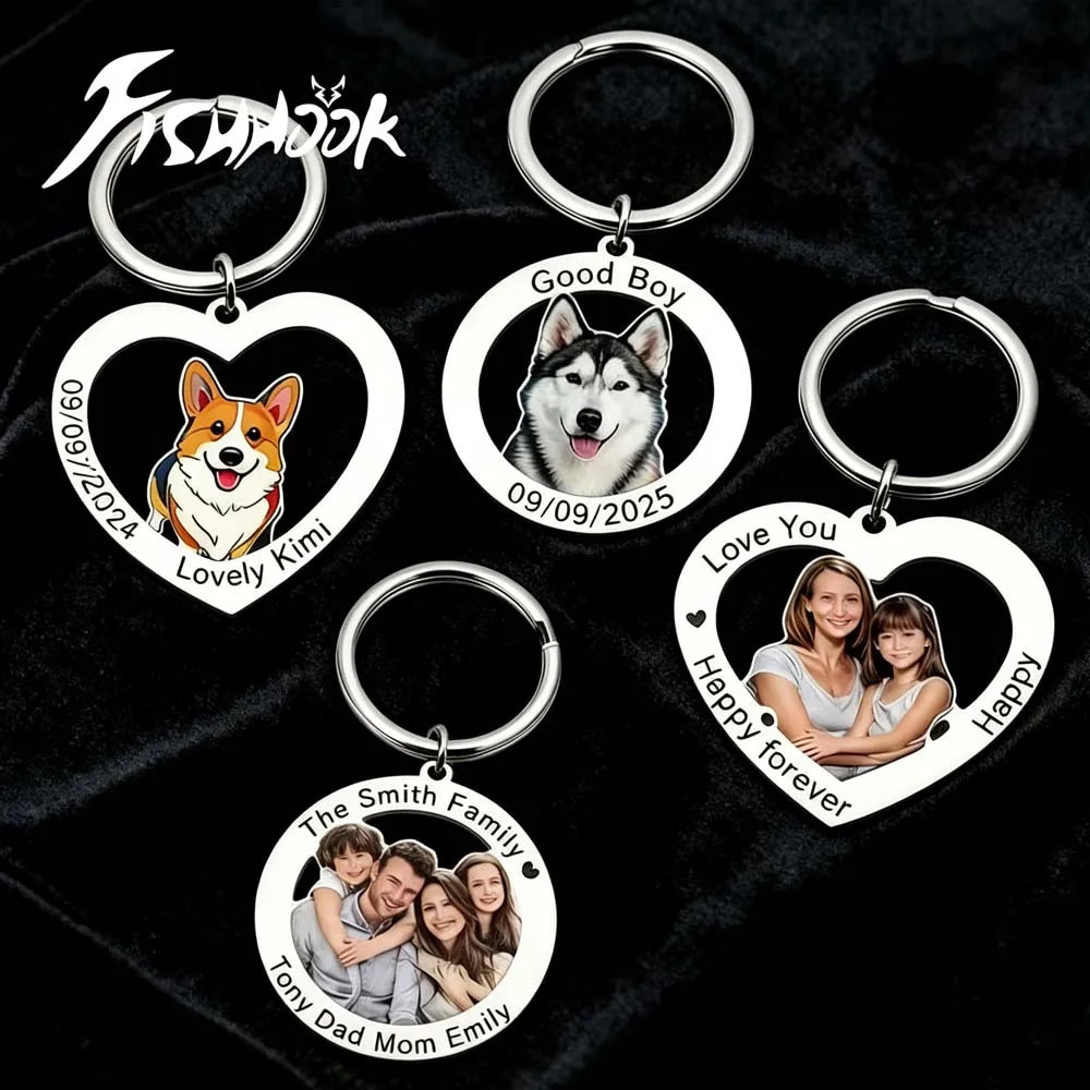 Family Couple Dog Cat Pet Print Photo Keychain Personalized Custom Valentine Gift For Women Men Steel Memorial Souvenir Key Ring