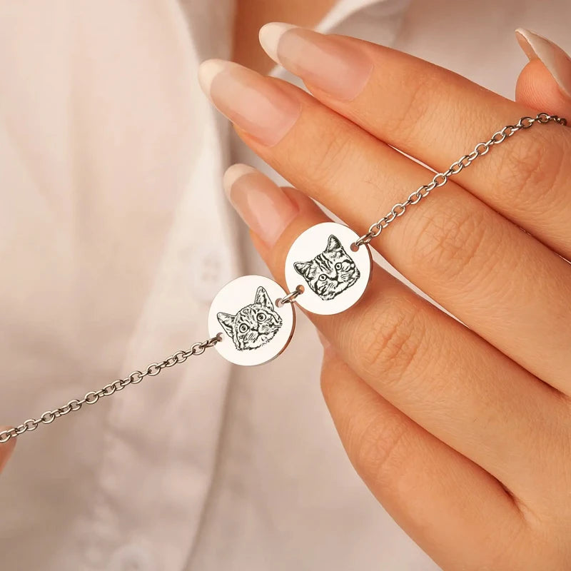Custom Pet Dog Portrait Round Bracelet Stainless Steel Engrave Cat Portrait Cat Paw Print Pet Jewelry Pet Loss Gift Pet Gifts