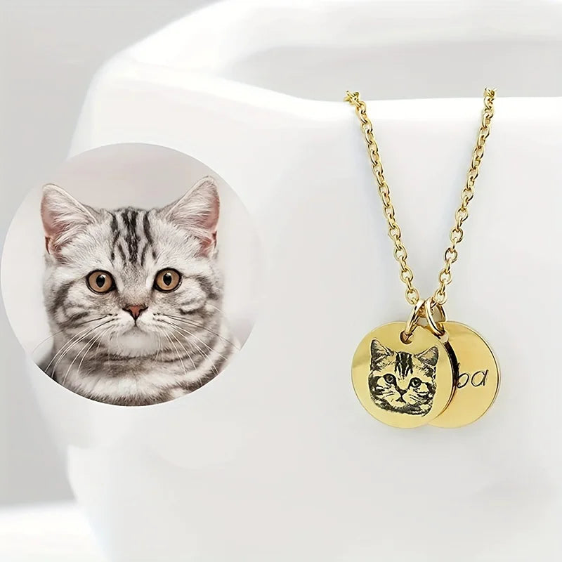 Custom Stainless Steel Pet Portrait Round Pendant Necklace Engraved with Pet's Name - Perfect Jewelry Gift for Pet Lovers,