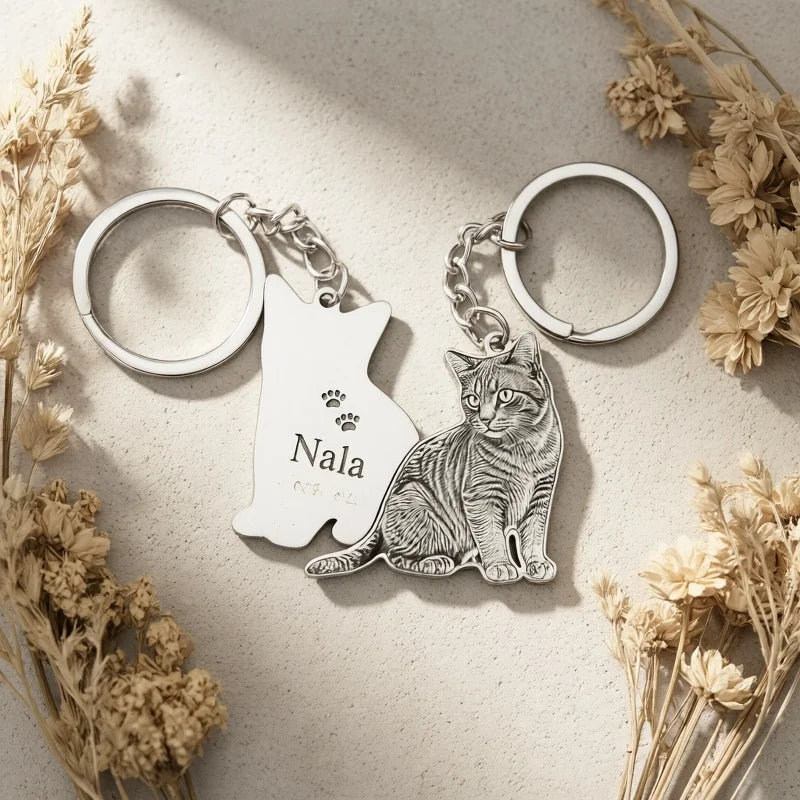 Pet Memorial Keychain Custom Photo Laser Engraved Stainless Steel Dog Cat Silhouette Personalized Remembrance Gift for Pet Lovers
