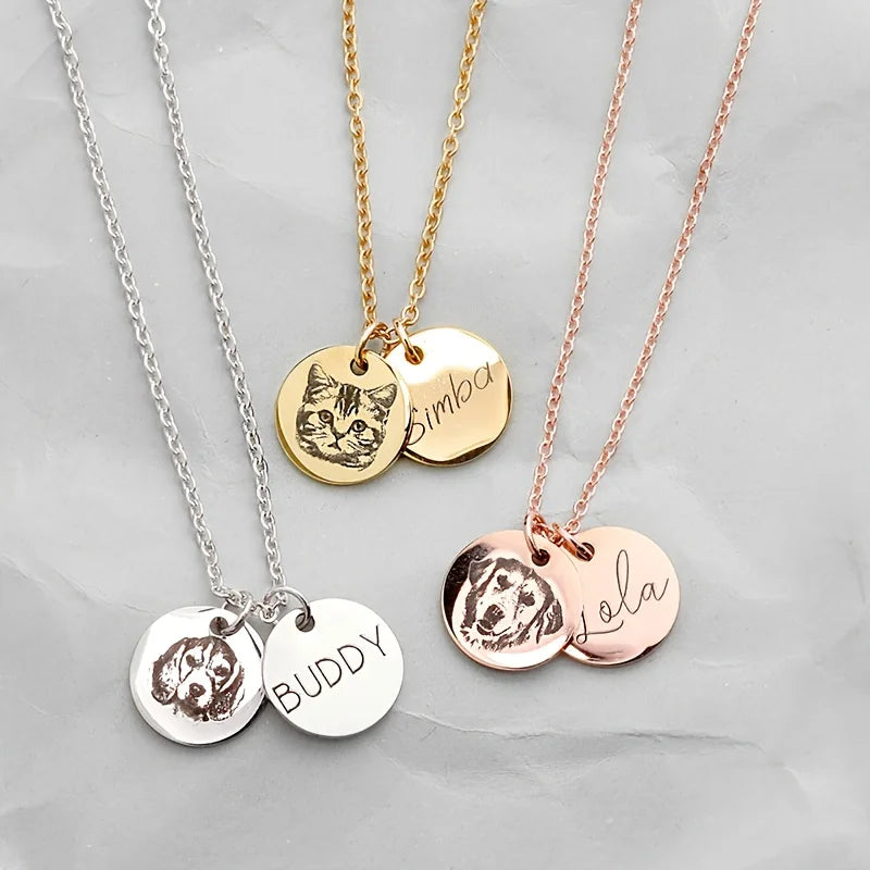 Custom Stainless Steel Pet Portrait Round Pendant Necklace Engraved with Pet's Name - Perfect Jewelry Gift for Pet Lovers,