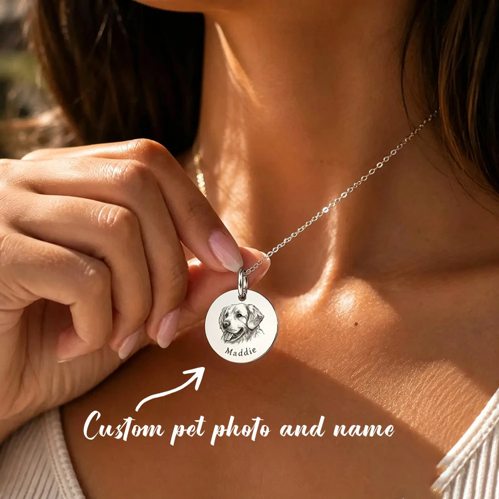 Custom Pet Portrait Necklace Personalized Black Engraved Dog Name Photo Pendant Stainless Steel Memorial Jewelry Gift for Women