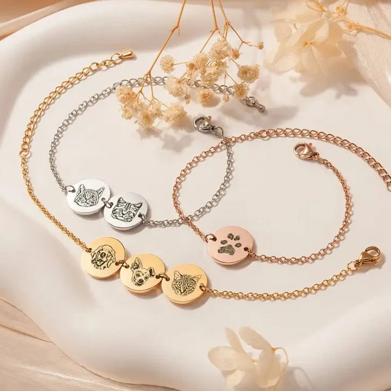 Custom Pet Dog Portrait Round Bracelet Stainless Steel Engrave Cat Portrait Cat Paw Print Pet Jewelry Pet Loss Gift Pet Gifts