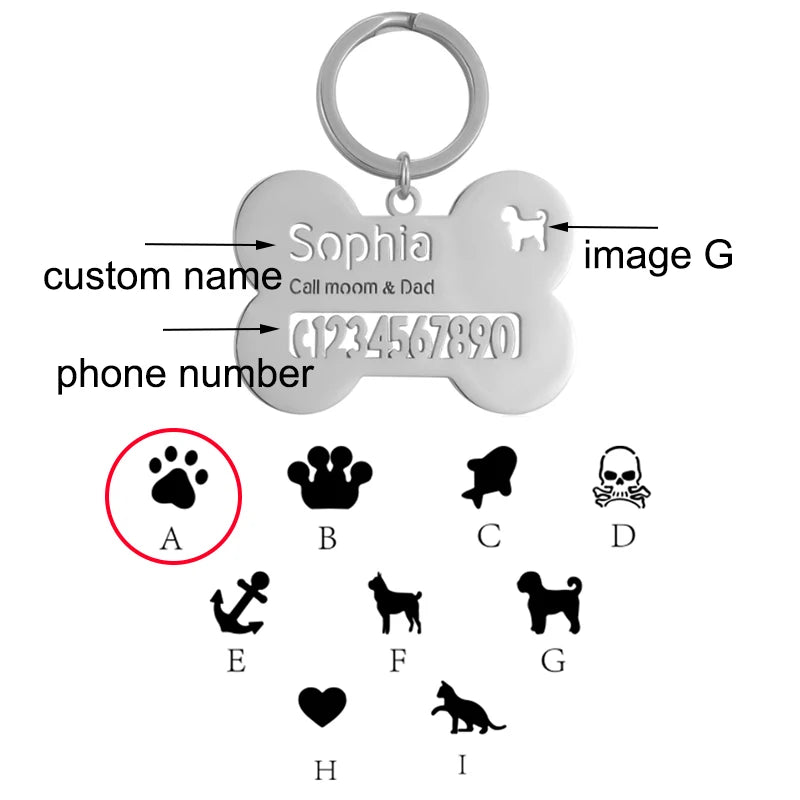 Auxauxme Custom Pet Collar Tag Bone Keychain Stainless Steel Personalized Names Phone Number Anti-lost Keyring Puppy Accessories