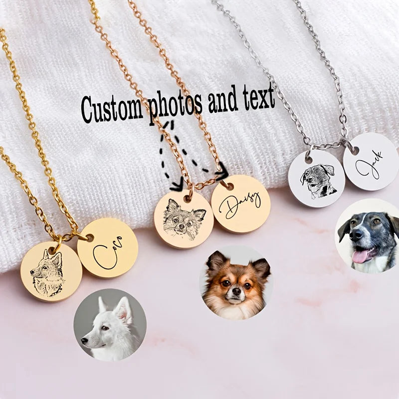 Custom Stainless Steel Pet Portrait Round Pendant Necklace Engraved with Pet's Name - Perfect Jewelry Gift for Pet Lovers,