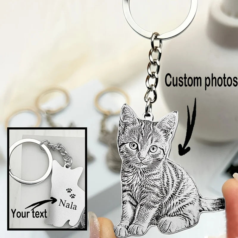 Pet Memorial Keychain Custom Photo Laser Engraved Stainless Steel Dog Cat Silhouette Personalized Remembrance Gift for Pet Lovers