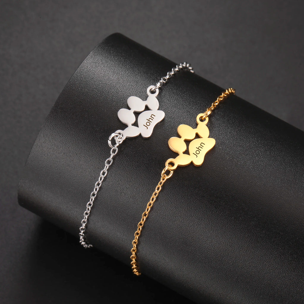 Dog Bear Paw Name Personalized Bracelet Custom Mother Couple Sister Family Gift For Women Men Bangle Stainless Steel Jewelry