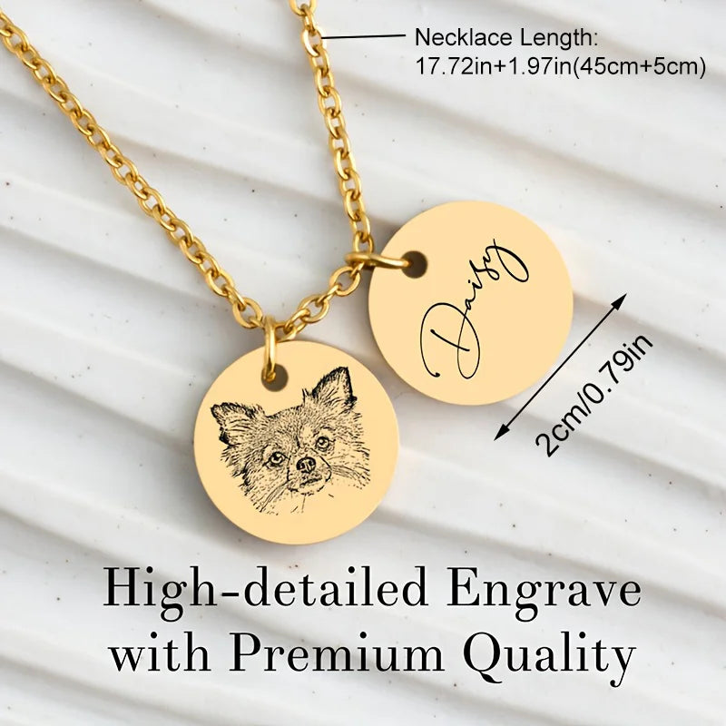 Custom Stainless Steel Pet Portrait Round Pendant Necklace Engraved with Pet's Name - Perfect Jewelry Gift for Pet Lovers,