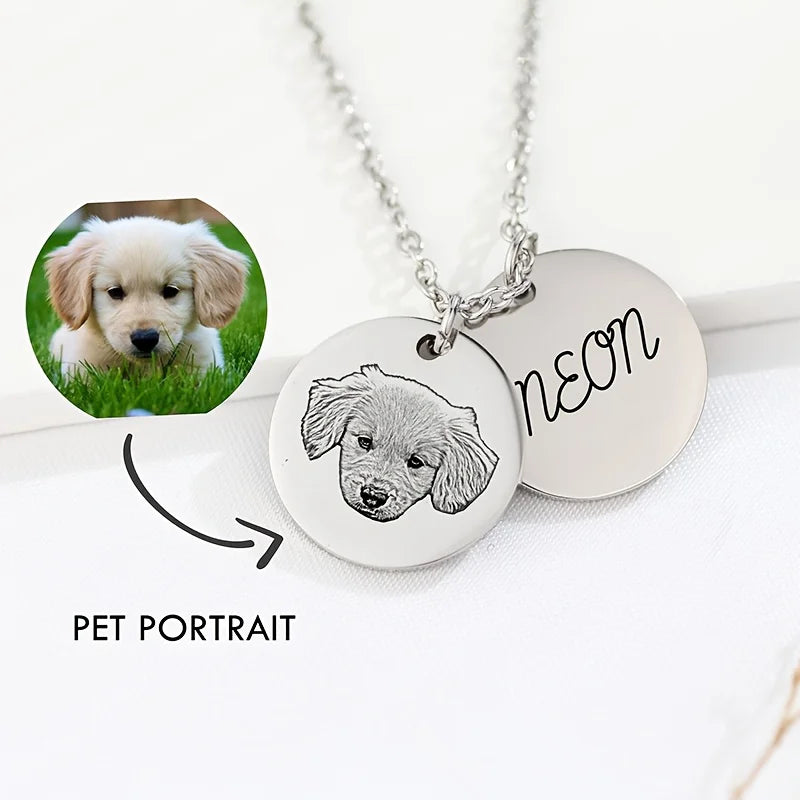 Custom Stainless Steel Pet Portrait Round Pendant Necklace Engraved with Pet's Name - Perfect Jewelry Gift for Pet Lovers,