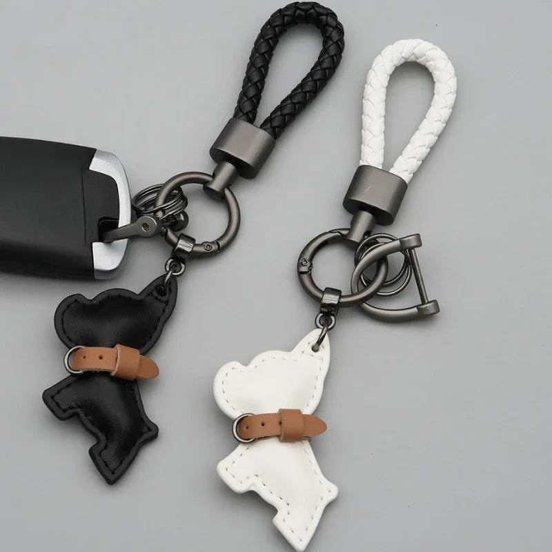 Cartoon Cute Dog Custom Name Number Car Keychain Laser Personalized Logo Leather Key Chain Ring Puppy Pendant Braid Rope Keyring