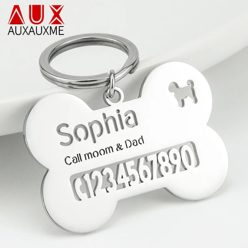 Auxauxme Custom Pet Collar Tag Bone Keychain Stainless Steel Personalized Names Phone Number Anti-lost Keyring Puppy Accessories