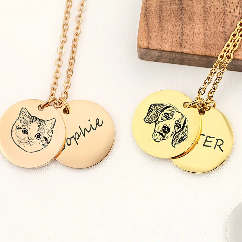 Custom Stainless Steel Pet Portrait Round Pendant Necklace Engraved with Pet's Name - Perfect Jewelry Gift for Pet Lovers,