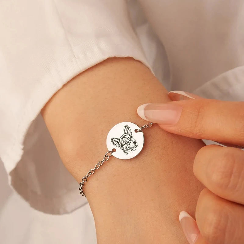 Custom Pet Dog Portrait Round Bracelet Stainless Steel Engrave Cat Portrait Cat Paw Print Pet Jewelry Pet Loss Gift Pet Gifts