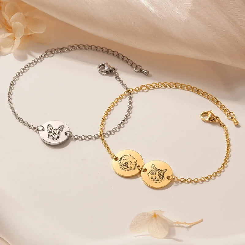 Custom Pet Dog Portrait Round Bracelet Stainless Steel Engrave Cat Portrait Cat Paw Print Pet Jewelry Pet Loss Gift Pet Gifts
