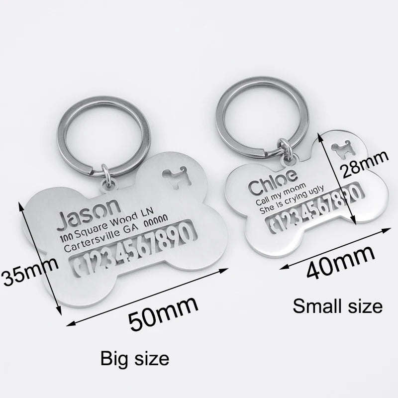 Auxauxme Custom Pet Collar Tag Bone Keychain Stainless Steel Personalized Names Phone Number Anti-lost Keyring Puppy Accessories
