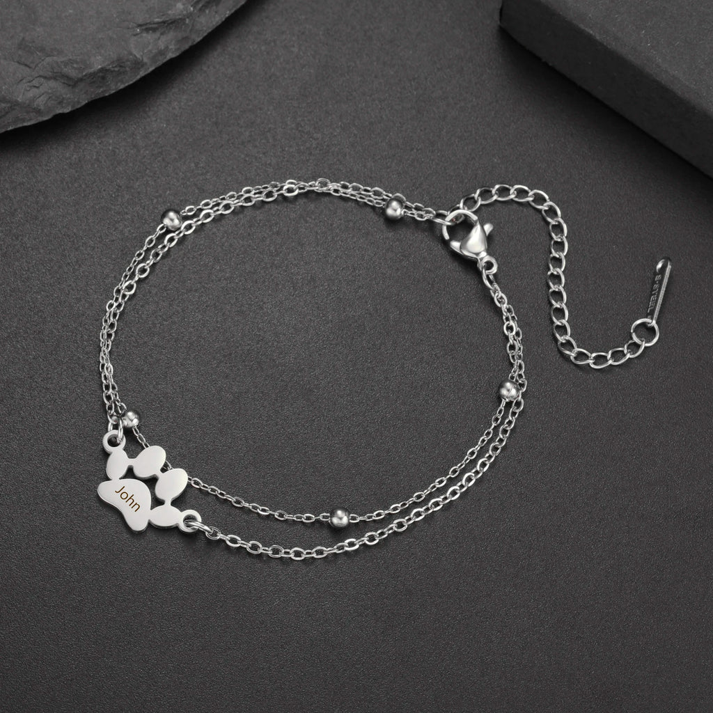 Dog Bear Paw Name Personalized Bracelet Custom Mother Couple Sister Family Gift For Women Men Bangle Stainless Steel Jewelry