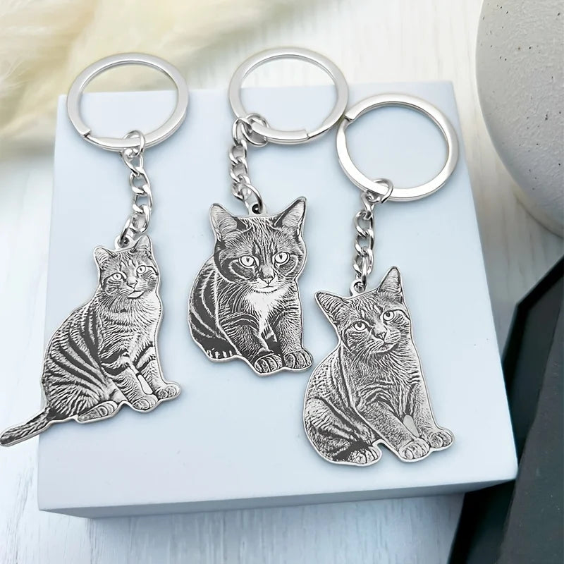 Pet Memorial Keychain Custom Photo Laser Engraved Stainless Steel Dog Cat Silhouette Personalized Remembrance Gift for Pet Lovers