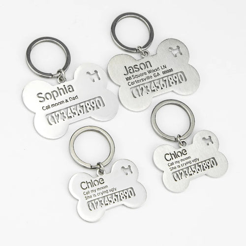 Auxauxme Custom Pet Collar Tag Bone Keychain Stainless Steel Personalized Names Phone Number Anti-lost Keyring Puppy Accessories