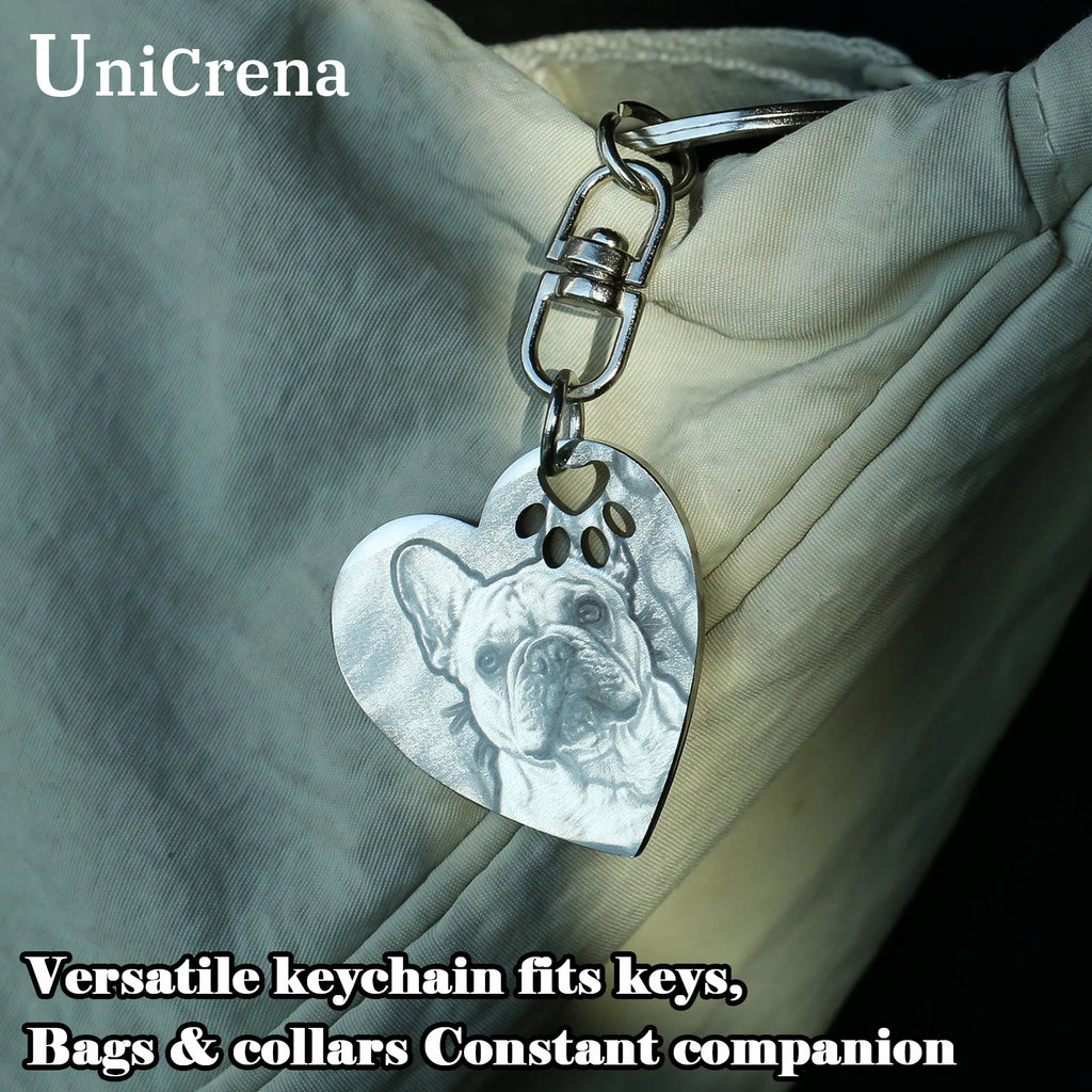 UniCrena Engraved Dog Keychain - Custom Pet Picture Keychain for Dog Cat Lovers Pet Loss Sympathy Gift Stainless Steel Heart