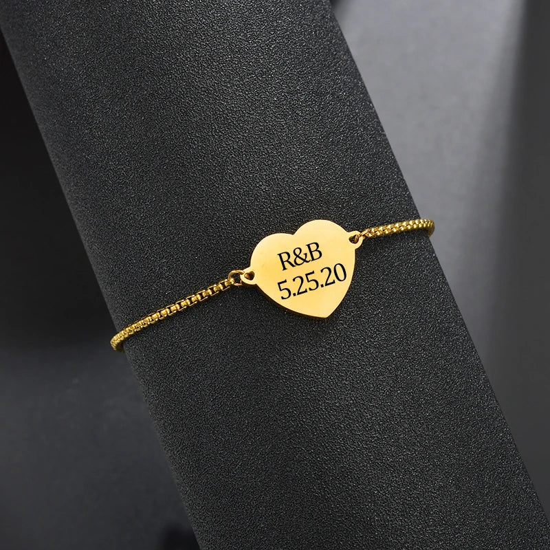 Auxauxme Custom Engrave Photo Name Heart Bracelet Stainless Steel Personalized Laser Engraved Logol Text Picture Bangle Jewelry