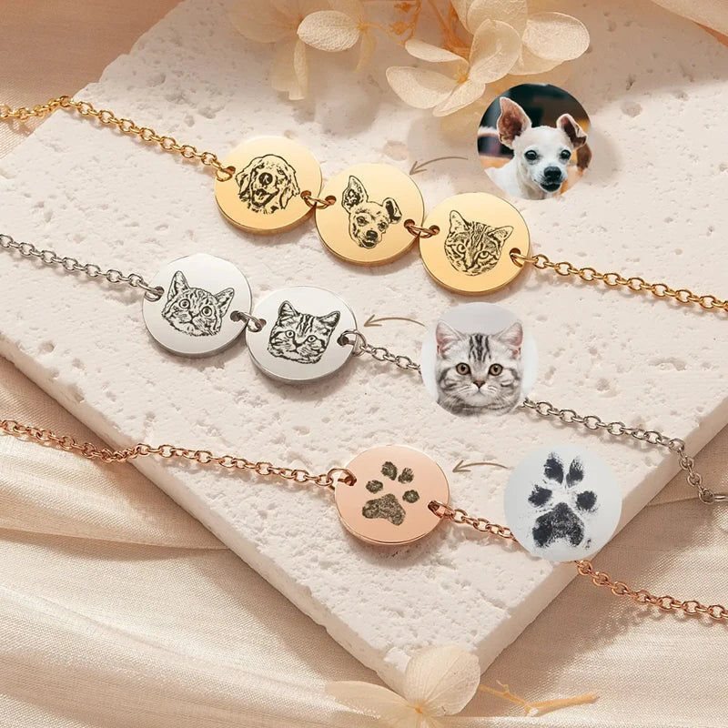 Custom Pet Dog Portrait Round Bracelet Stainless Steel Engrave Cat Portrait Cat Paw Print Pet Jewelry Pet Loss Gift Pet Gifts